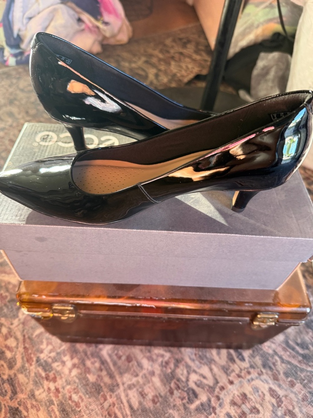 Black Patent Low Heel Pumps for Women